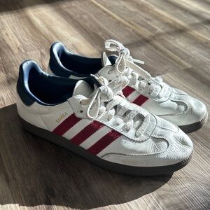 Adidas Samba Low-Top Sneakers in White with Red Stripes